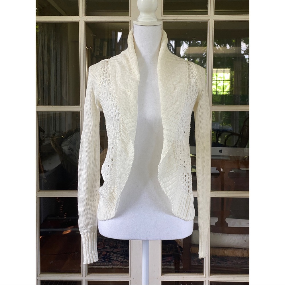 Element Women’s White Crocheted Open Front Cotton Summer Cardigan Sweater
